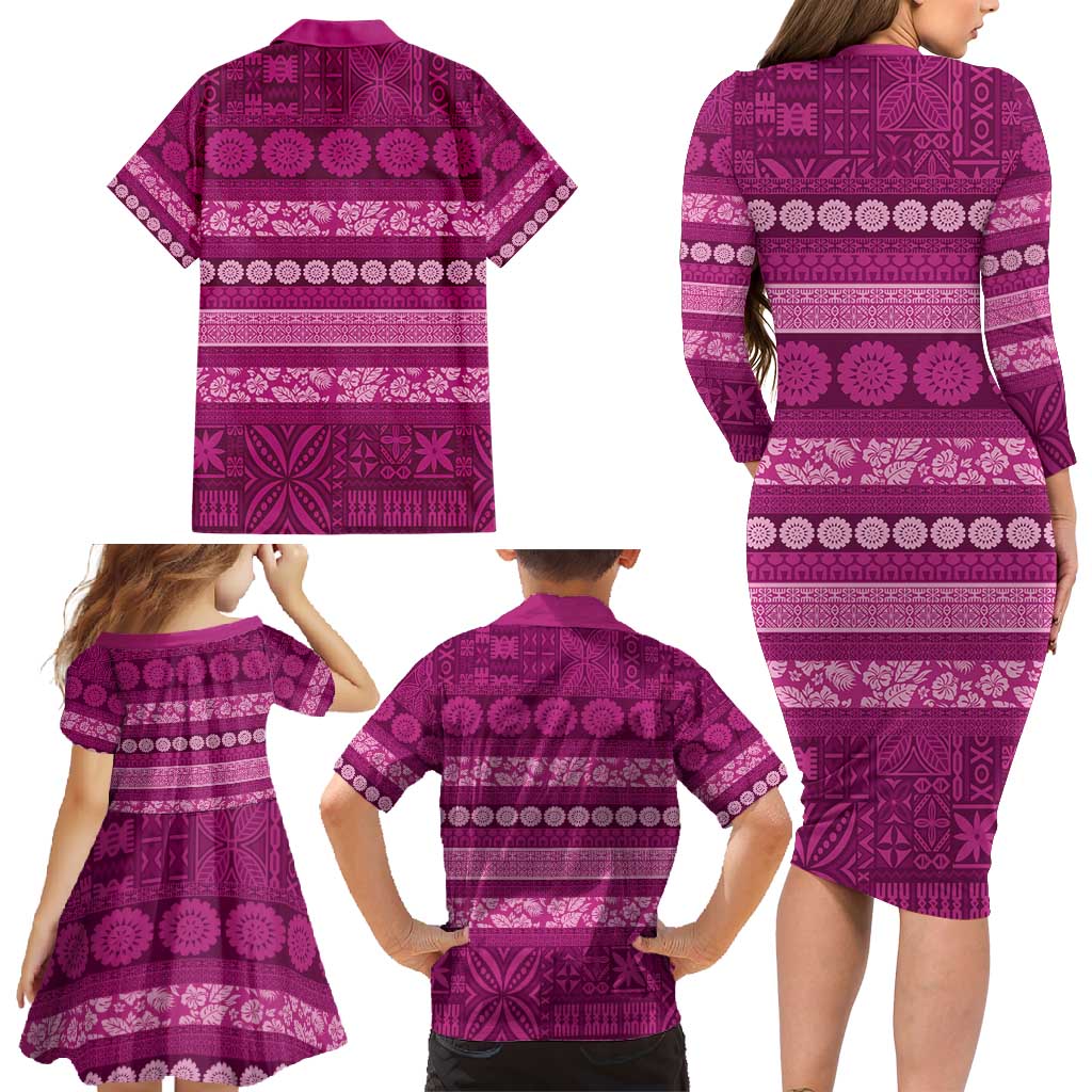 Fiji Marau na Kerisimasi Family Matching Long Sleeve Bodycon Dress and Hawaiian Shirt Pink Tapa Masi Inspired Christmas - Polynesian Pride