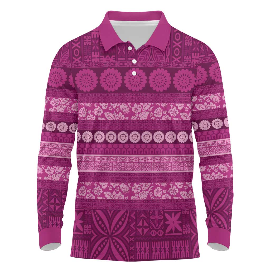 Fiji Marau na Kerisimasi Long Sleeve Polo Shirt Pink Tapa Masi Inspired Christmas - Polynesian Pride