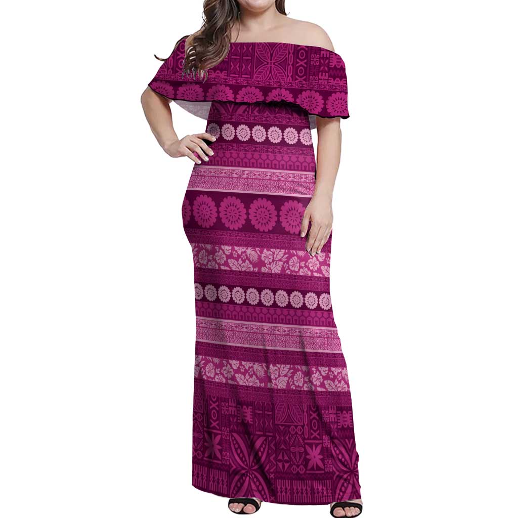 Fiji Marau na Kerisimasi Off Shoulder Maxi Dress Pink Tapa Masi Inspired Christmas - Polynesian Pride