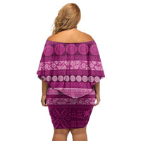 Fiji Marau na Kerisimasi Off Shoulder Short Dress Pink Tapa Masi Inspired Christmas - Polynesian Pride