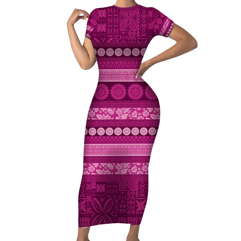 Fiji Marau na Kerisimasi Short Sleeve Bodycon Dress Pink Tapa Masi Inspired Christmas - Polynesian Pride