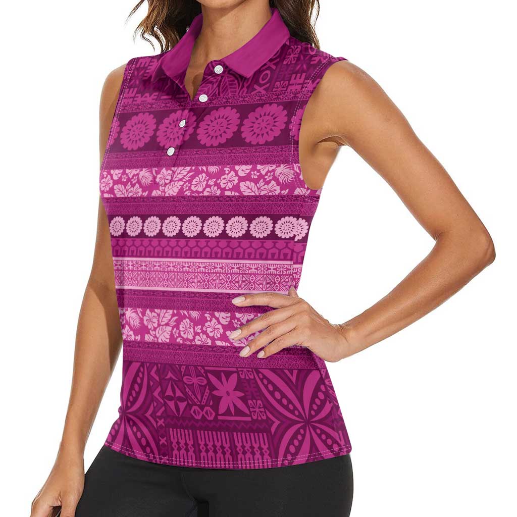 Fiji Marau na Kerisimasi Women Sleeveless Polo Shirt Pink Tapa Masi Inspired Christmas - Polynesian Pride