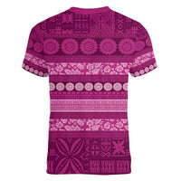 Fiji Marau na Kerisimasi Women V-Neck T-Shirt Pink Tapa Masi Inspired Christmas - Polynesian Pride