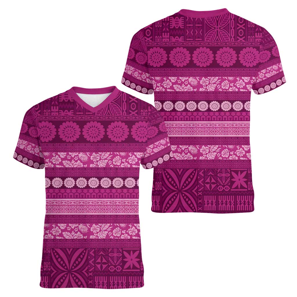 Fiji Marau na Kerisimasi Women V-Neck T-Shirt Pink Tapa Masi Inspired Christmas - Polynesian Pride