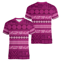 Fiji Marau na Kerisimasi Women V-Neck T-Shirt Pink Tapa Masi Inspired Christmas - Polynesian Pride
