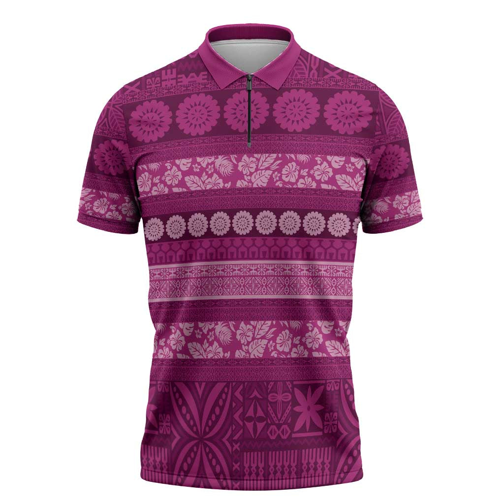 Fiji Marau na Kerisimasi Zipper Polo Shirt Pink Tapa Masi Inspired Christmas - Polynesian Pride