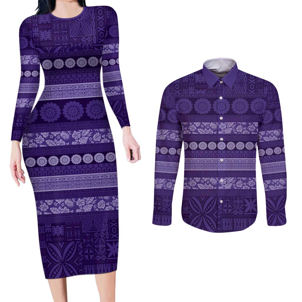 Fiji Marau na Kerisimasi Couples Matching Long Sleeve Bodycon Dress and Long Sleeve Button Shirt Purple Tapa Masi Inspired Christmas - Polynesian Pride