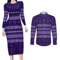 Fiji Marau na Kerisimasi Couples Matching Long Sleeve Bodycon Dress and Long Sleeve Button Shirt Purple Tapa Masi Inspired Christmas - Polynesian Pride
