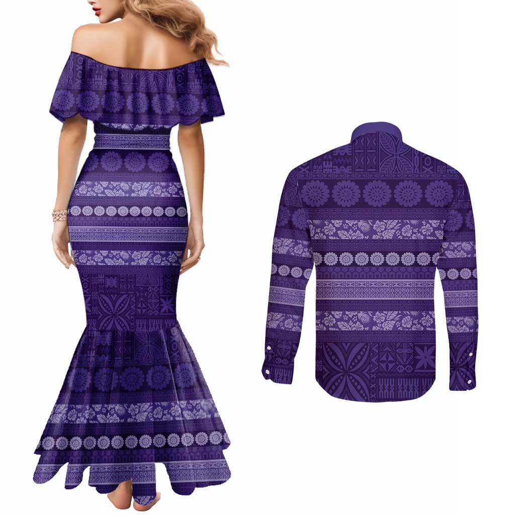 Fiji Marau na Kerisimasi Couples Matching Mermaid Dress and Long Sleeve Button Shirt Purple Tapa Masi Inspired Christmas - Polynesian Pride