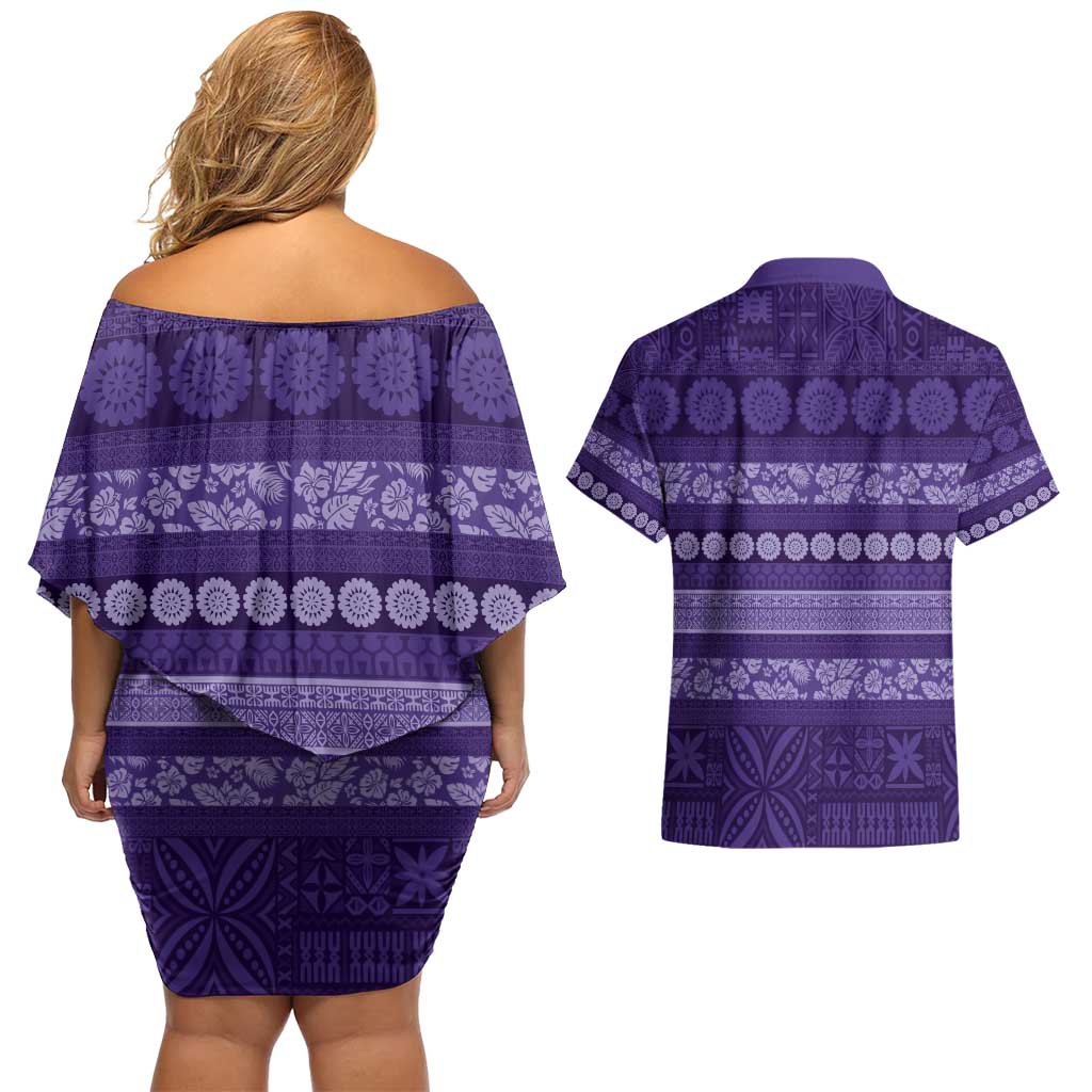 Fiji Marau na Kerisimasi Couples Matching Off Shoulder Short Dress and Hawaiian Shirt Purple Tapa Masi Inspired Christmas - Polynesian Pride