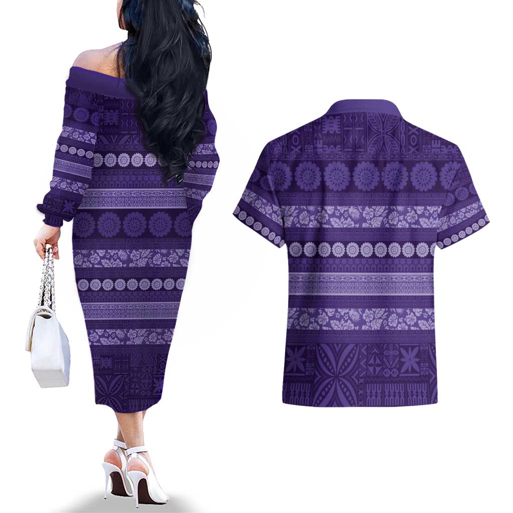 Fiji Marau na Kerisimasi Couples Matching Off The Shoulder Long Sleeve Dress and Hawaiian Shirt Purple Tapa Masi Inspired Christmas - Polynesian Pride