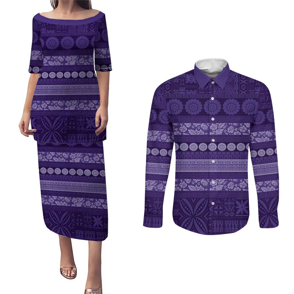 Fiji Marau na Kerisimasi Couples Matching Puletasi and Long Sleeve Button Shirt Purple Tapa Masi Inspired Christmas LT9 Purple - Polynesian Pride