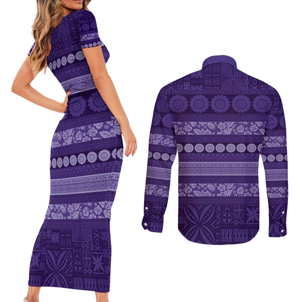 Fiji Marau na Kerisimasi Couples Matching Short Sleeve Bodycon Dress and Long Sleeve Button Shirt Purple Tapa Masi Inspired Christmas - Polynesian Pride