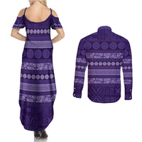 Fiji Marau na Kerisimasi Couples Matching Summer Maxi Dress and Long Sleeve Button Shirt Purple Tapa Masi Inspired Christmas - Polynesian Pride
