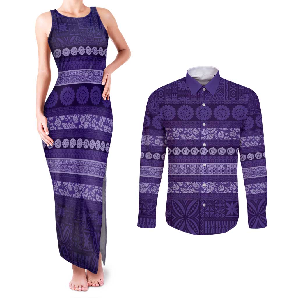 Fiji Marau na Kerisimasi Couples Matching Tank Maxi Dress and Long Sleeve Button Shirt Purple Tapa Masi Inspired Christmas - Polynesian Pride