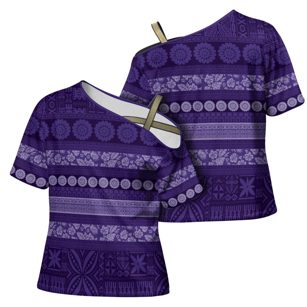 Fiji Marau na Kerisimasi Cross Shoulder Shirt Purple Tapa Masi Inspired Christmas - Polynesian Pride