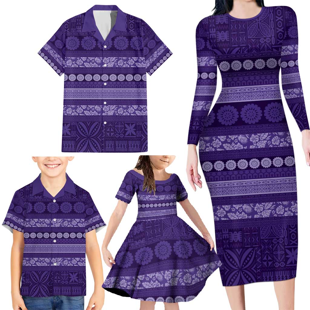 Fiji Marau na Kerisimasi Family Matching Long Sleeve Bodycon Dress and Hawaiian Shirt Purple Tapa Masi Inspired Christmas - Polynesian Pride