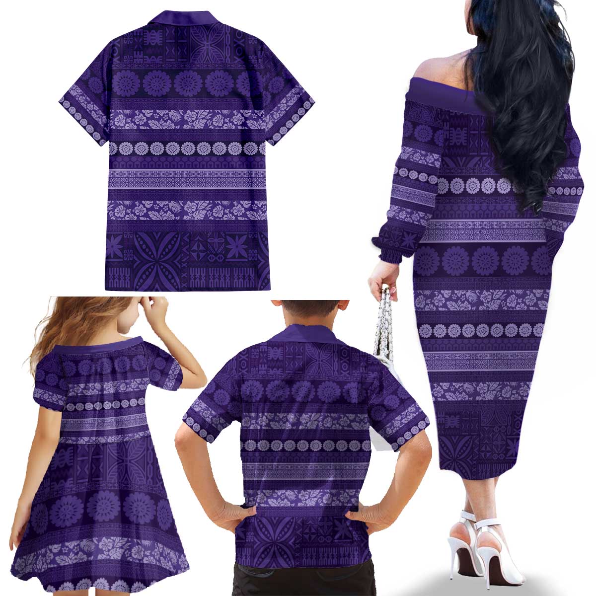 Fiji Marau na Kerisimasi Family Matching Off The Shoulder Long Sleeve Dress and Hawaiian Shirt Purple Tapa Masi Inspired Christmas - Polynesian Pride