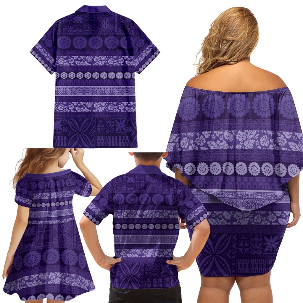 Fiji Marau na Kerisimasi Family Matching Off Shoulder Short Dress and Hawaiian Shirt Purple Tapa Masi Inspired Christmas - Polynesian Pride