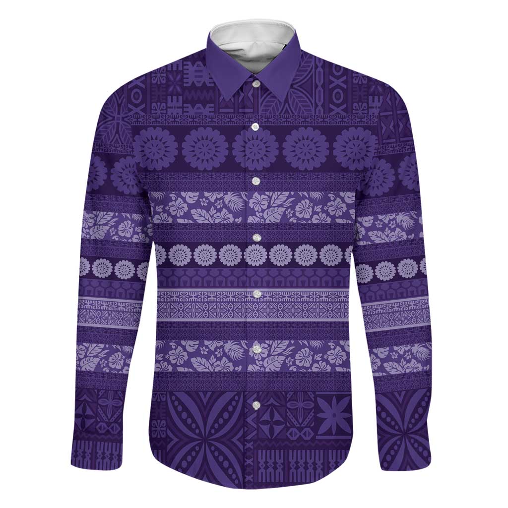 Fiji Marau na Kerisimasi Family Matching Puletasi and Hawaiian Shirt Purple Tapa Masi Inspired Christmas LT9 Dad's Shirt - Long Sleeve Purple - Polynesian Pride