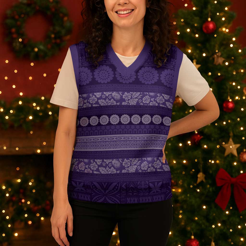 Fiji Marau na Kerisimasi Christmas Knitted V-Neck Vest Purple Tapa Masi Inspired Christmas - Polynesian Pride