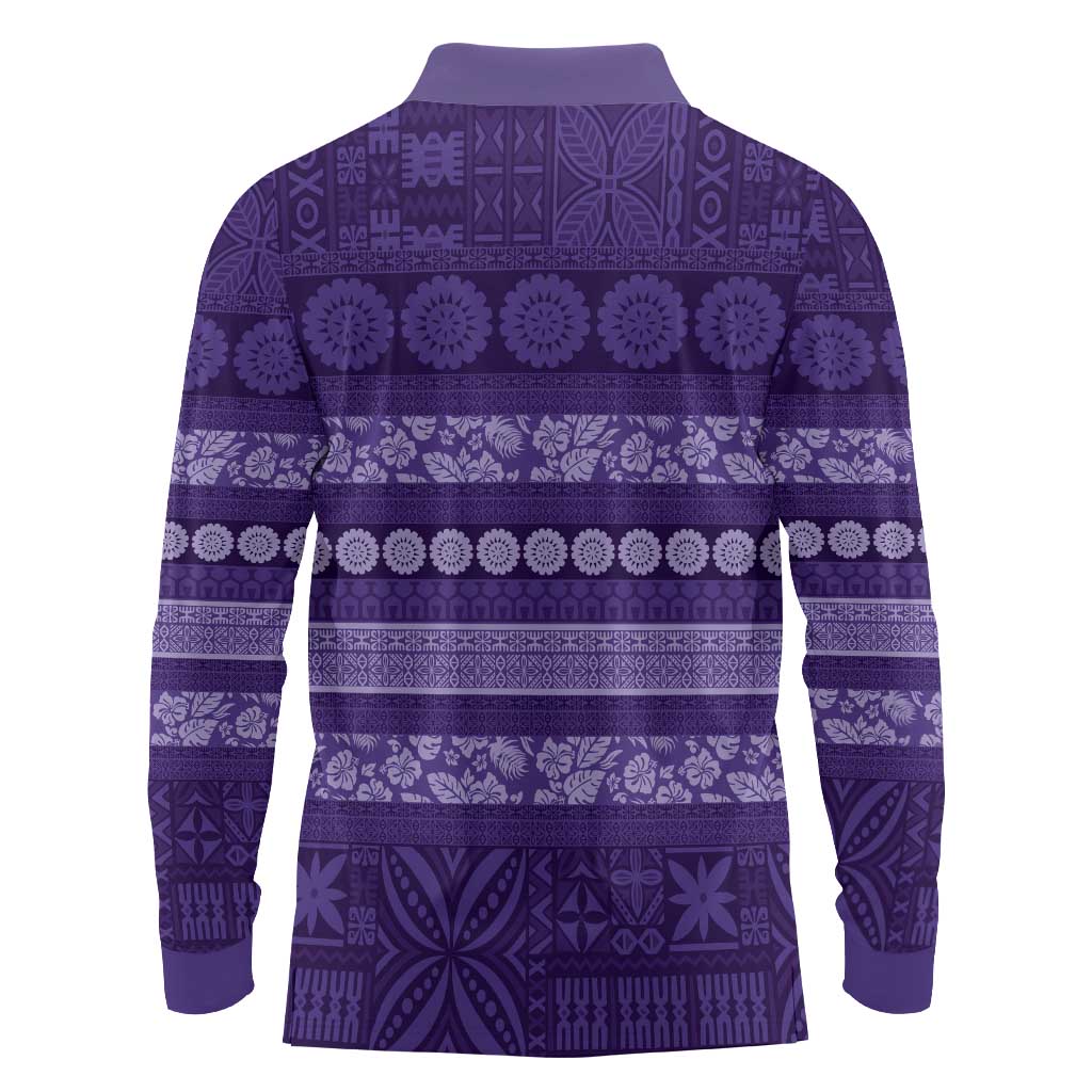 Fiji Marau na Kerisimasi Long Sleeve Polo Shirt Purple Tapa Masi Inspired Christmas - Polynesian Pride