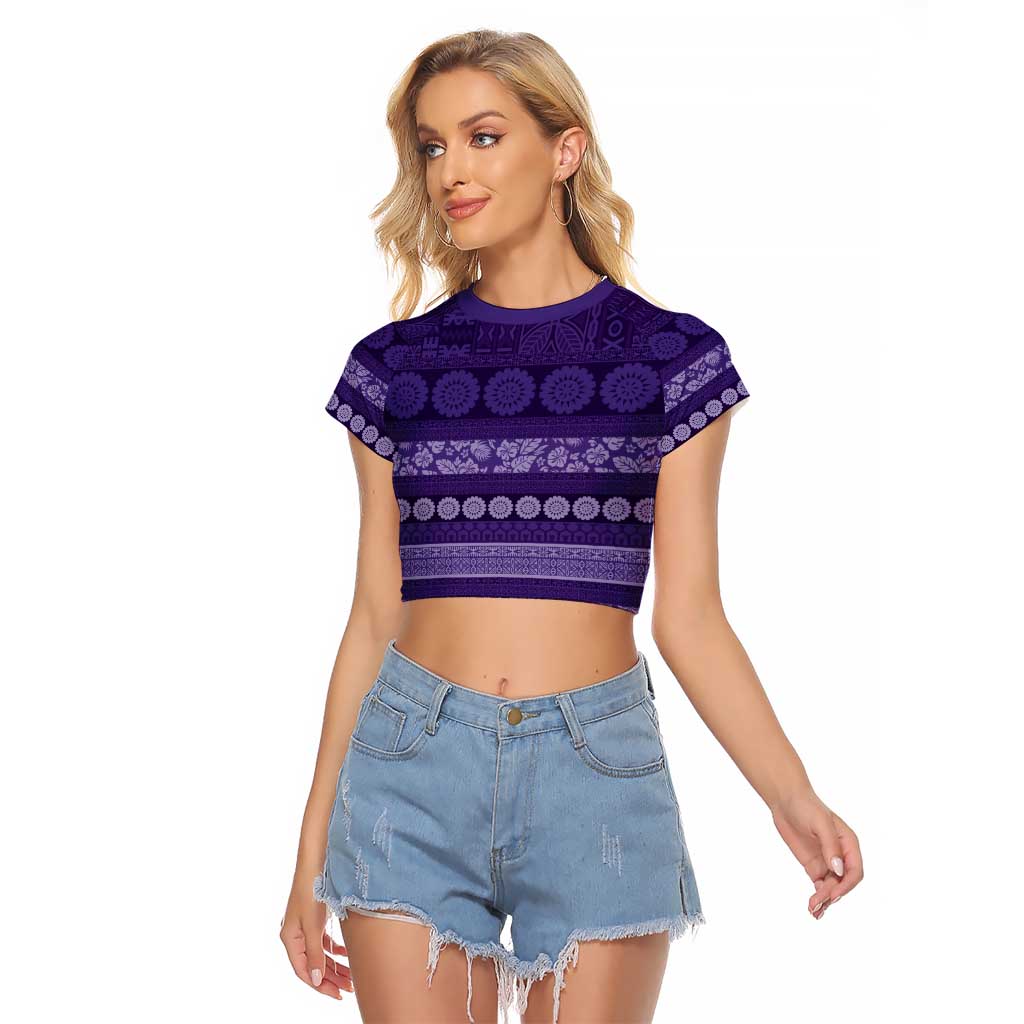 Fiji Marau na Kerisimasi Raglan Cropped T Shirt Purple Tapa Masi Inspired Christmas - Polynesian Pride