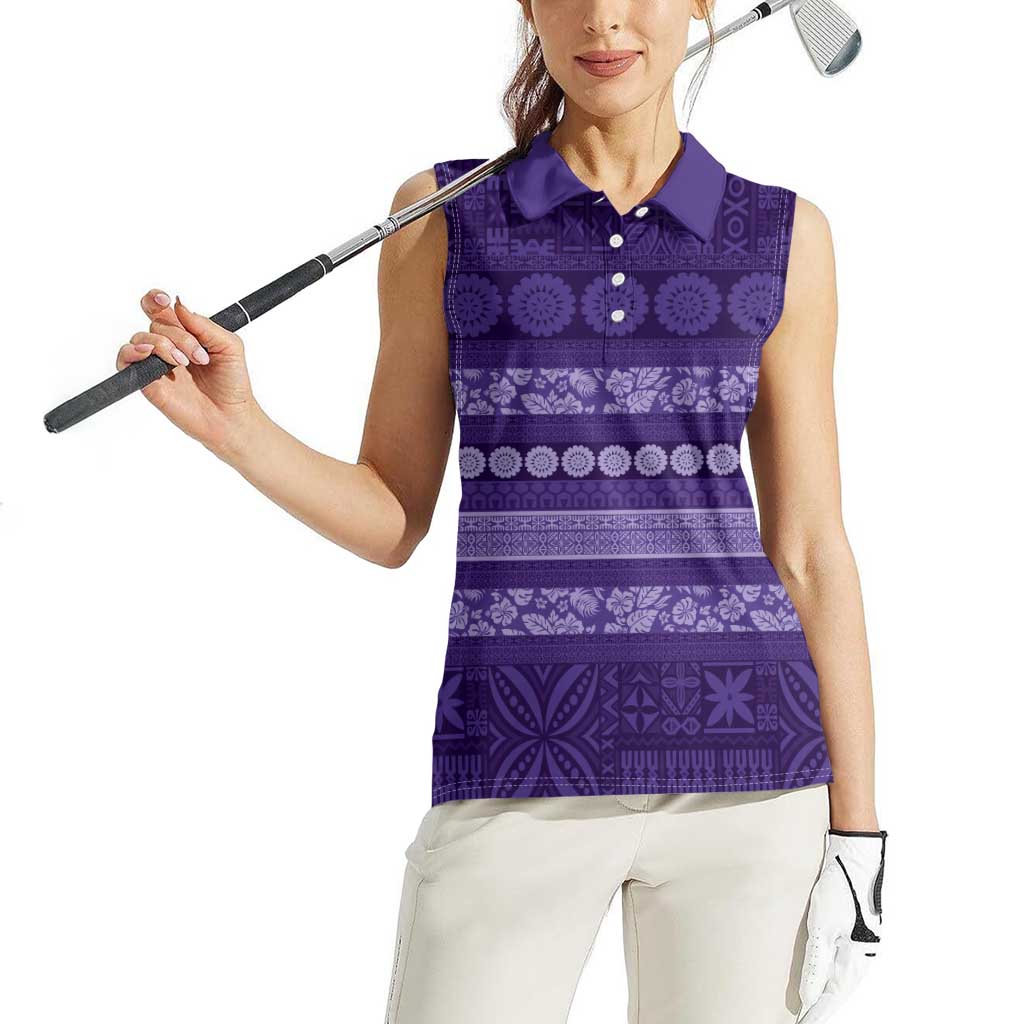 Fiji Marau na Kerisimasi Women Sleeveless Polo Shirt Purple Tapa Masi Inspired Christmas - Polynesian Pride
