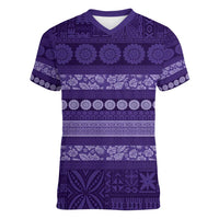 Fiji Marau na Kerisimasi Women V-Neck T-Shirt Purple Tapa Masi Inspired Christmas - Polynesian Pride