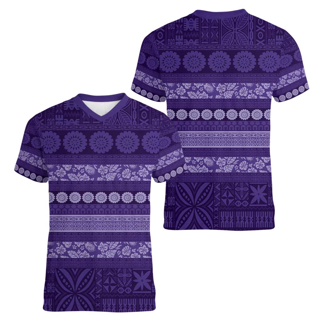Fiji Marau na Kerisimasi Women V-Neck T-Shirt Purple Tapa Masi Inspired Christmas - Polynesian Pride