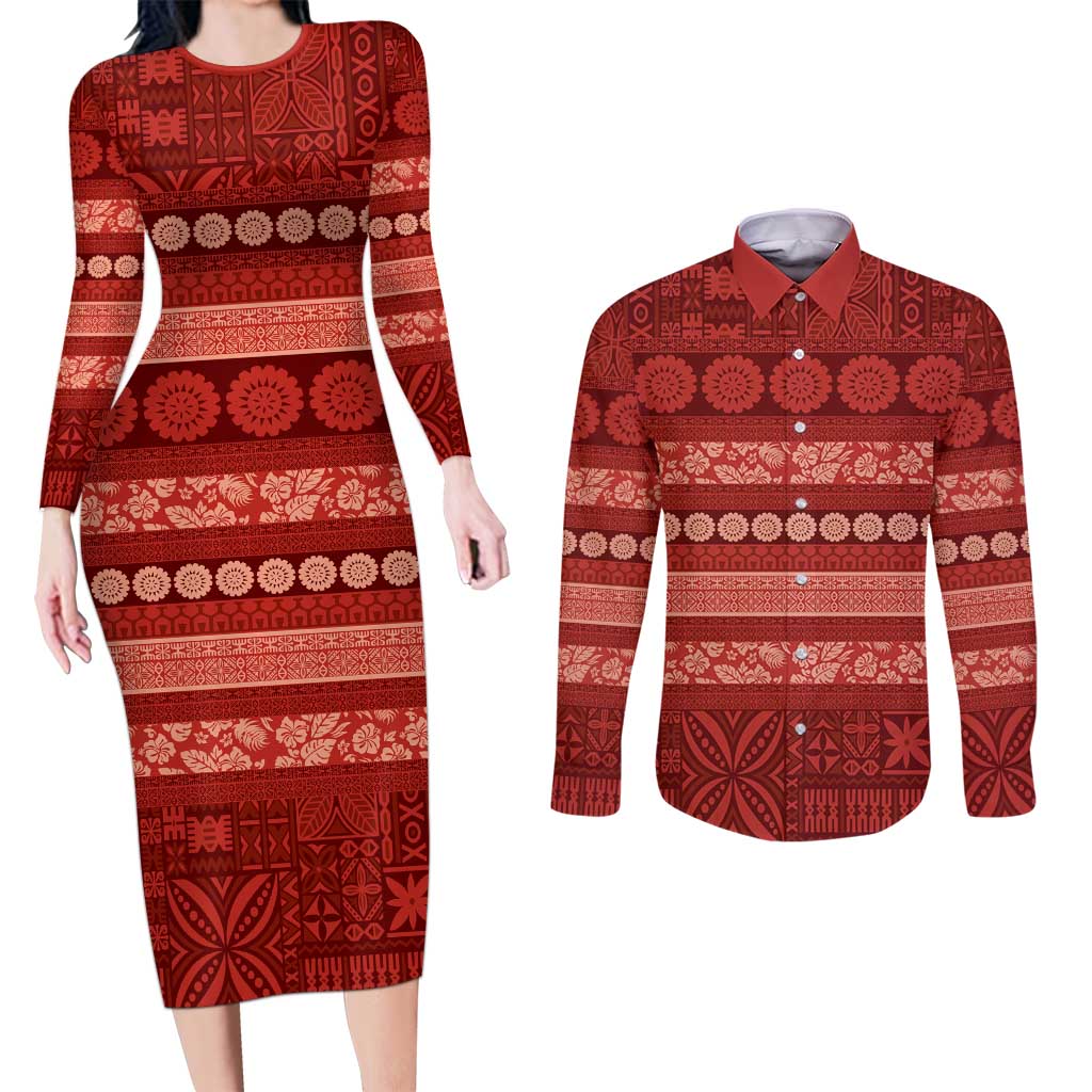 Fiji Marau na Kerisimasi Couples Matching Long Sleeve Bodycon Dress and Long Sleeve Button Shirt Red Tapa Masi Inspired Christmas - Polynesian Pride