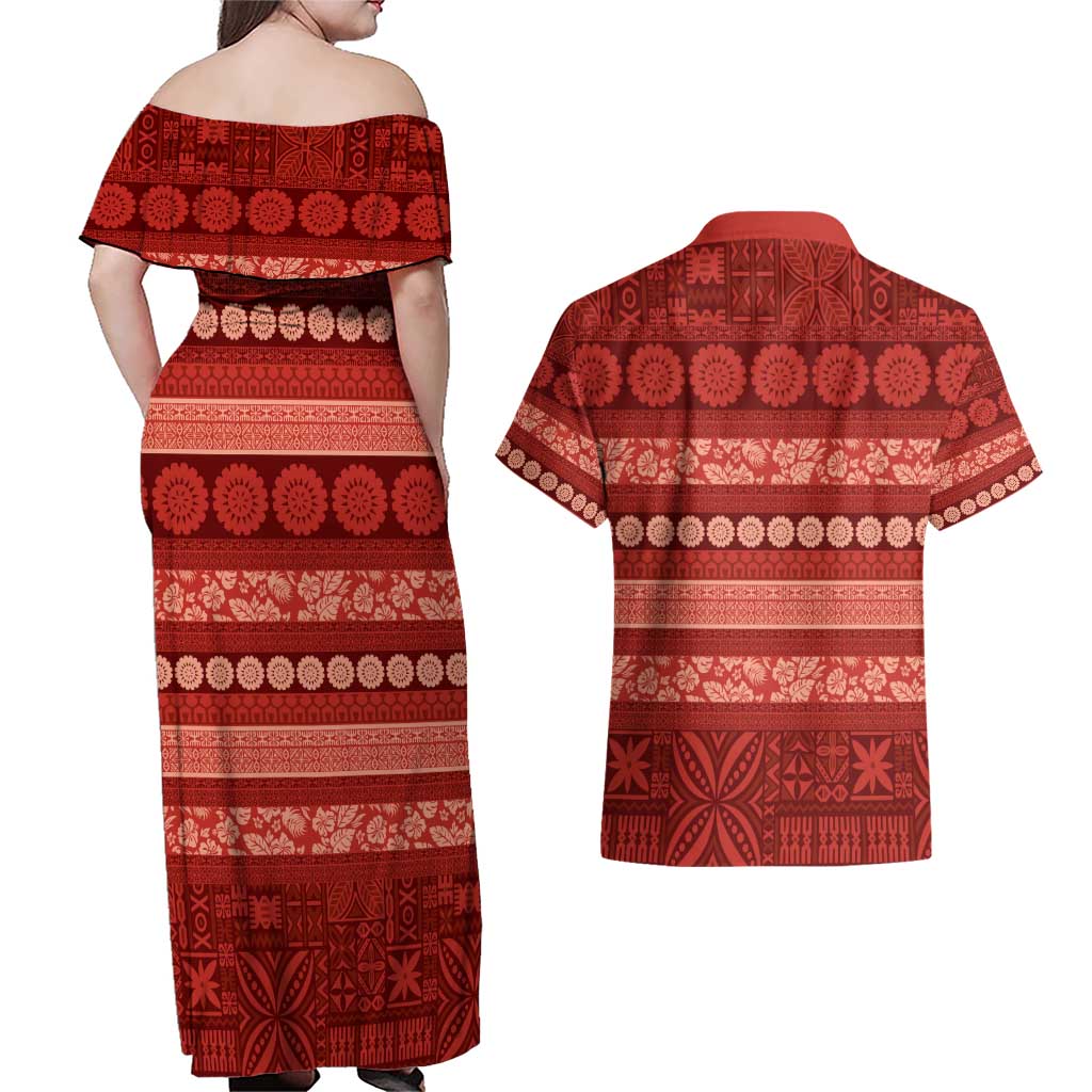 Fiji Marau na Kerisimasi Couples Matching Off Shoulder Maxi Dress and Hawaiian Shirt Red Tapa Masi Inspired Christmas - Polynesian Pride