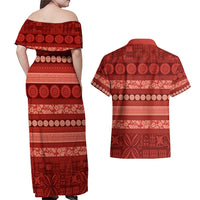 Fiji Marau na Kerisimasi Couples Matching Off Shoulder Maxi Dress and Hawaiian Shirt Red Tapa Masi Inspired Christmas - Polynesian Pride