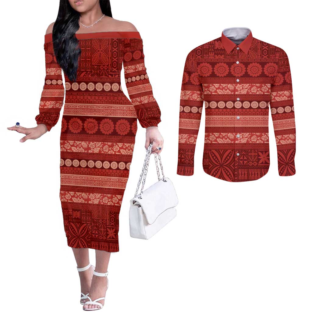 Fiji Marau na Kerisimasi Couples Matching Off The Shoulder Long Sleeve Dress and Long Sleeve Button Shirt Red Tapa Masi Inspired Christmas - Polynesian Pride