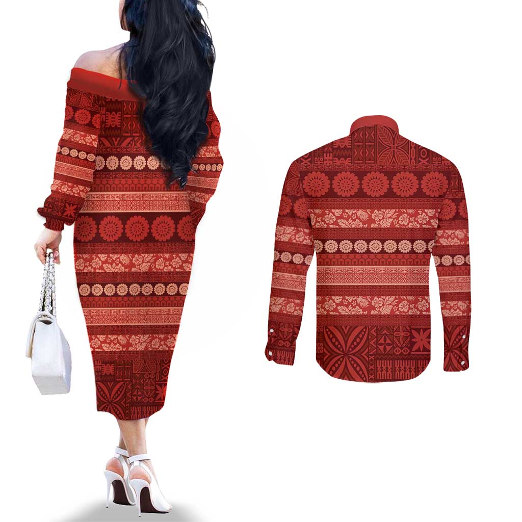 Fiji Marau na Kerisimasi Couples Matching Off The Shoulder Long Sleeve Dress and Long Sleeve Button Shirt Red Tapa Masi Inspired Christmas - Polynesian Pride