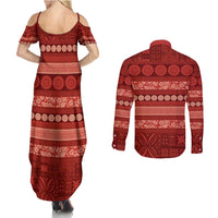 Fiji Marau na Kerisimasi Couples Matching Summer Maxi Dress and Long Sleeve Button Shirt Red Tapa Masi Inspired Christmas - Polynesian Pride