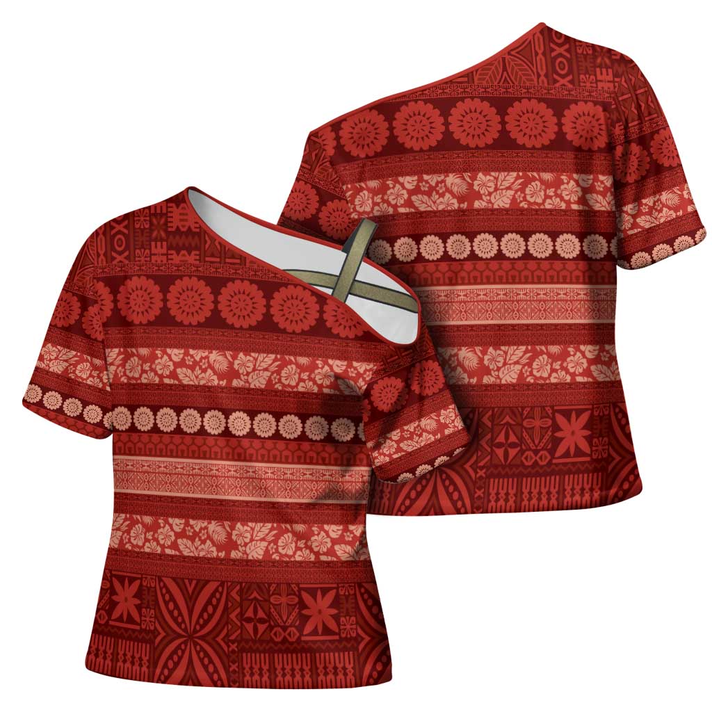 Fiji Marau na Kerisimasi Cross Shoulder Shirt Red Tapa Masi Inspired Christmas - Polynesian Pride