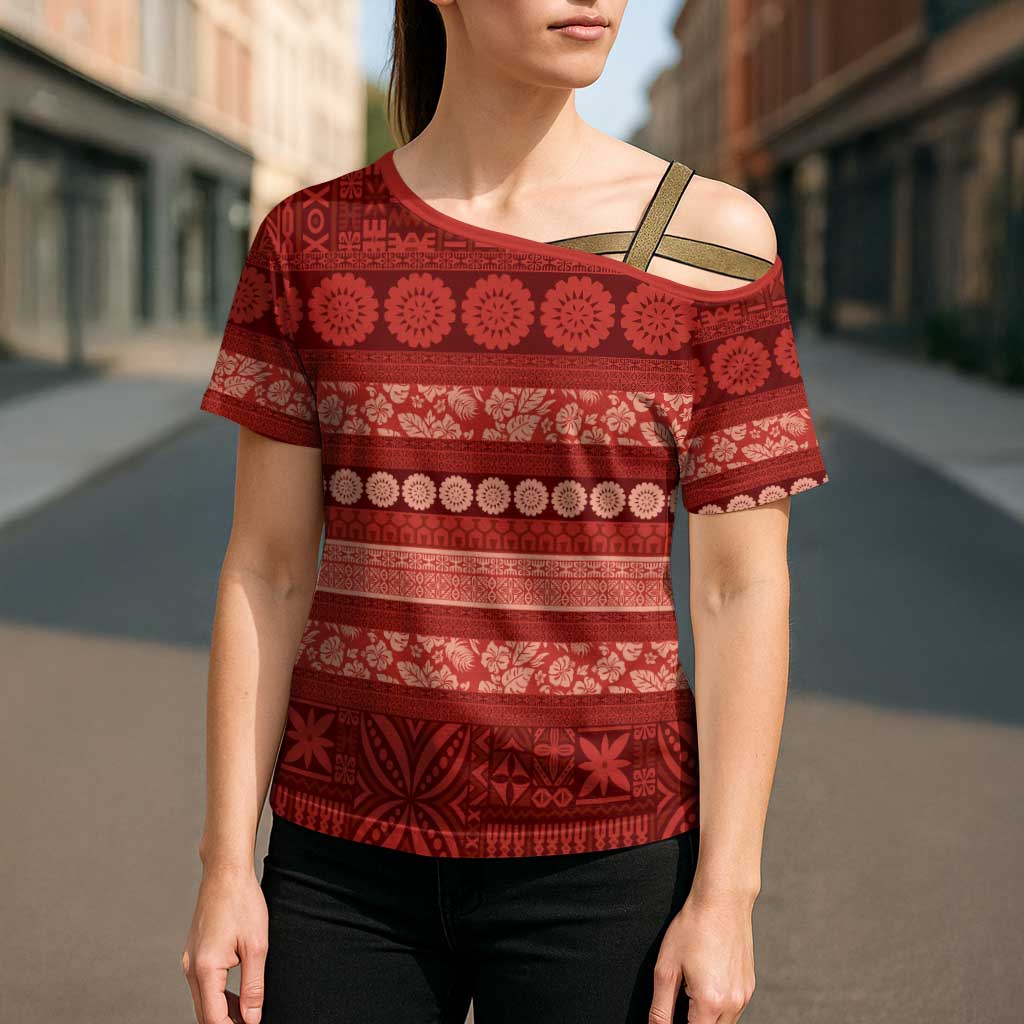 Fiji Marau na Kerisimasi Cross Shoulder Shirt Red Tapa Masi Inspired Christmas - Polynesian Pride