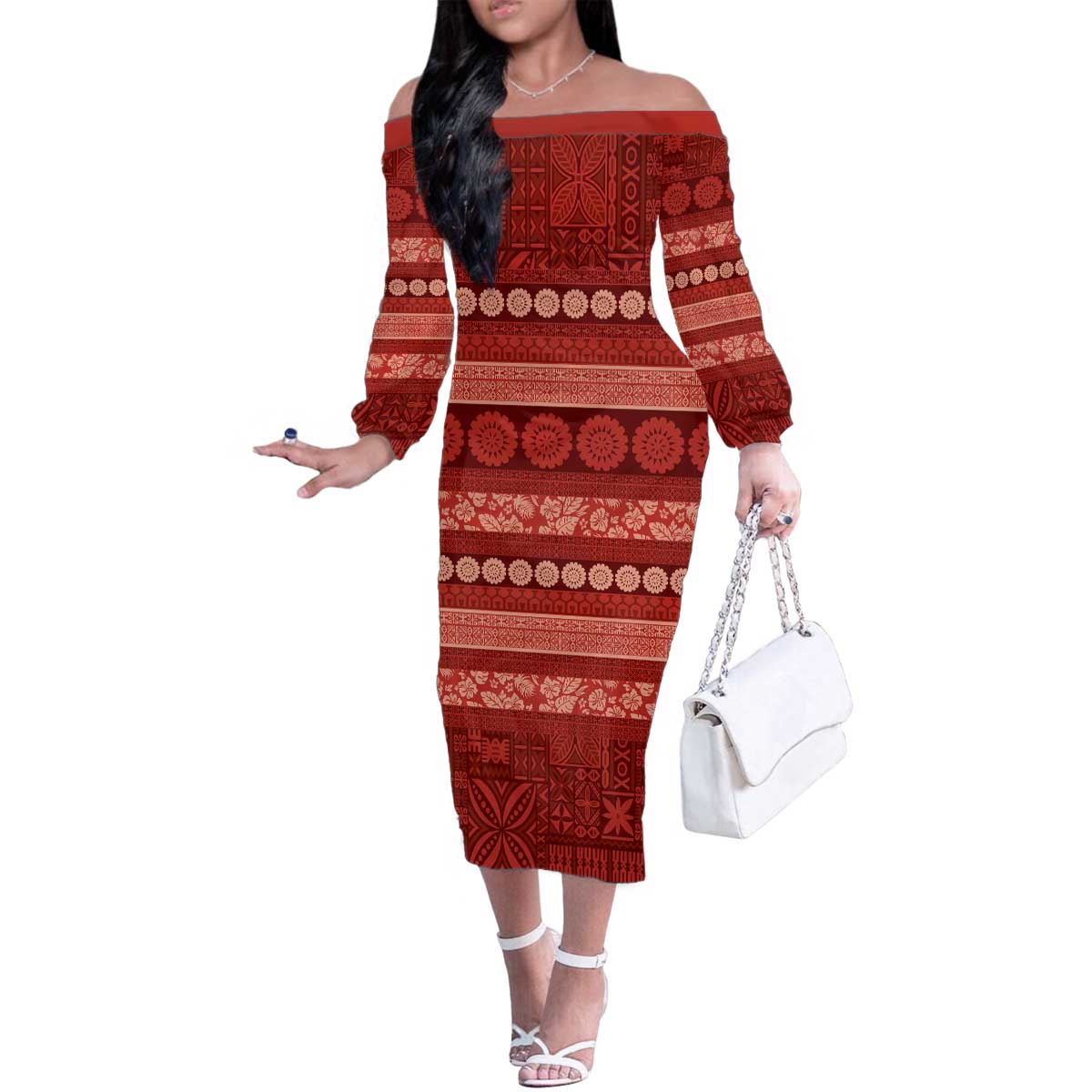 Fiji Marau na Kerisimasi Family Matching Off The Shoulder Long Sleeve Dress and Hawaiian Shirt Red Tapa Masi Inspired Christmas - Polynesian Pride