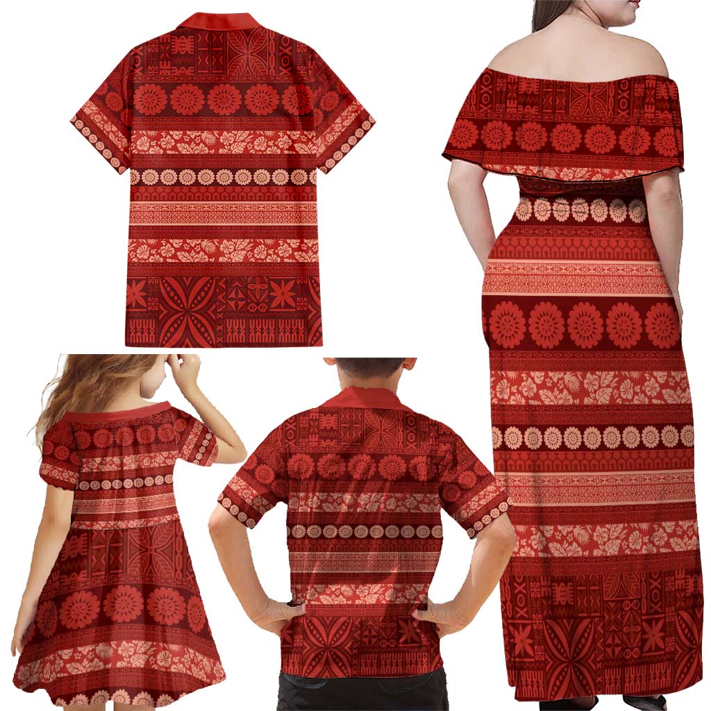 Fiji Marau na Kerisimasi Family Matching Off Shoulder Maxi Dress and Hawaiian Shirt Red Tapa Masi Inspired Christmas - Polynesian Pride