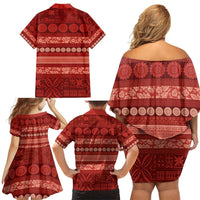 Fiji Marau na Kerisimasi Family Matching Off Shoulder Short Dress and Hawaiian Shirt Red Tapa Masi Inspired Christmas - Polynesian Pride