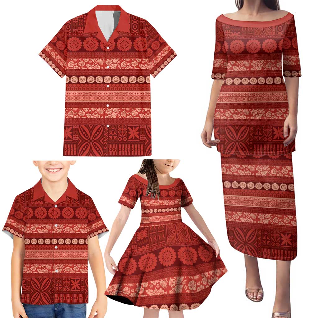 Fiji Marau na Kerisimasi Family Matching Puletasi and Hawaiian Shirt Red Tapa Masi Inspired Christmas - Polynesian Pride
