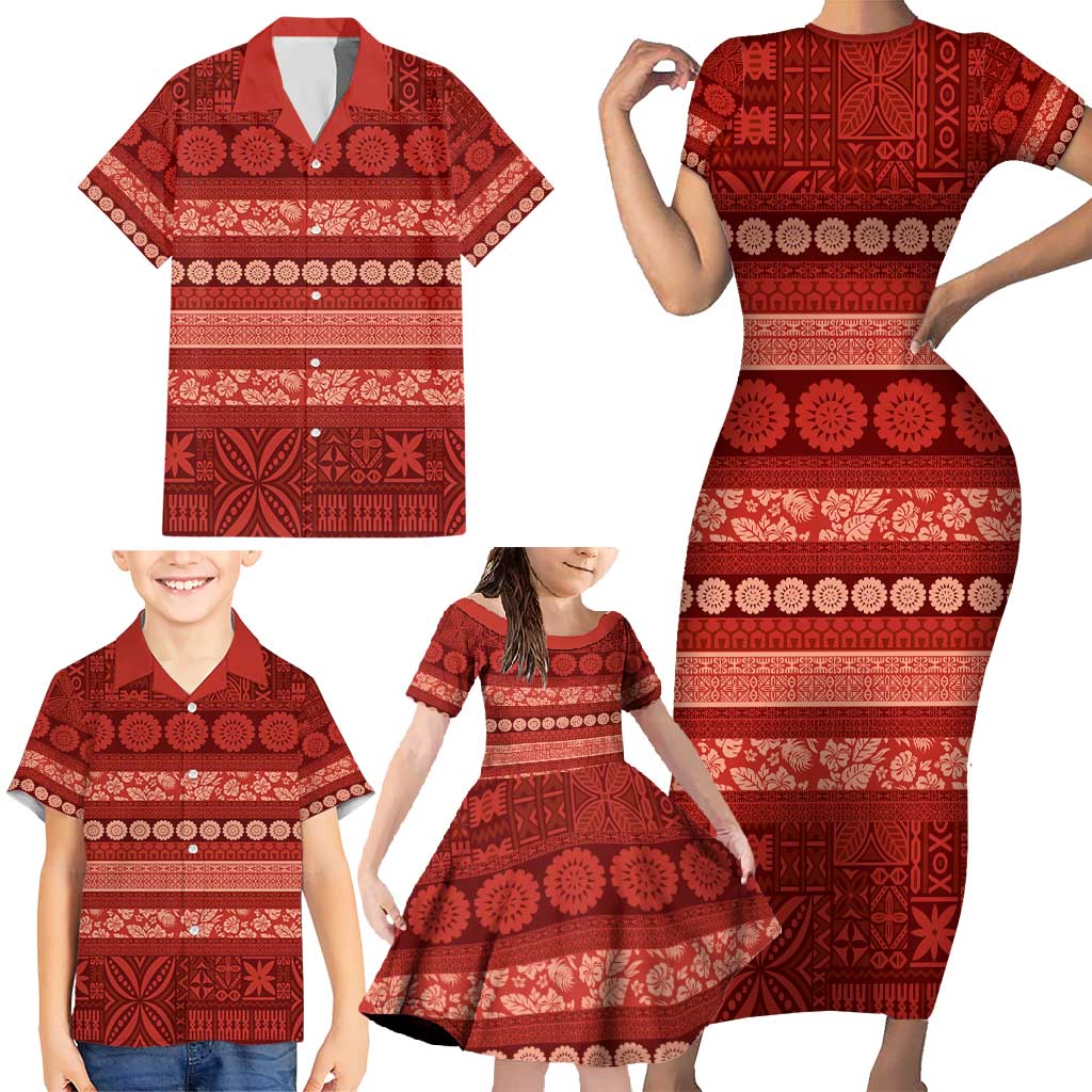 Fiji Marau na Kerisimasi Family Matching Short Sleeve Bodycon Dress and Hawaiian Shirt Red Tapa Masi Inspired Christmas - Polynesian Pride