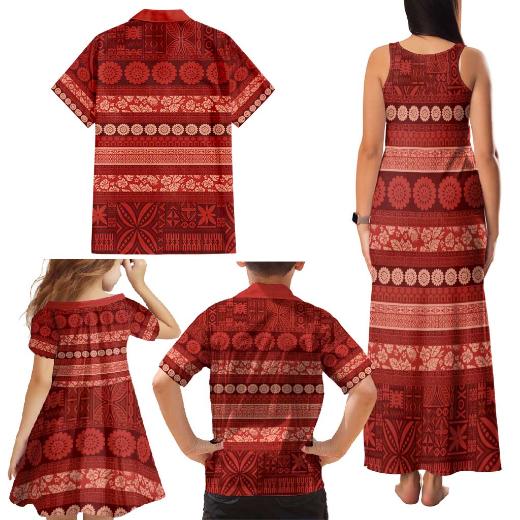 Fiji Marau na Kerisimasi Family Matching Tank Maxi Dress and Hawaiian Shirt Red Tapa Masi Inspired Christmas - Polynesian Pride