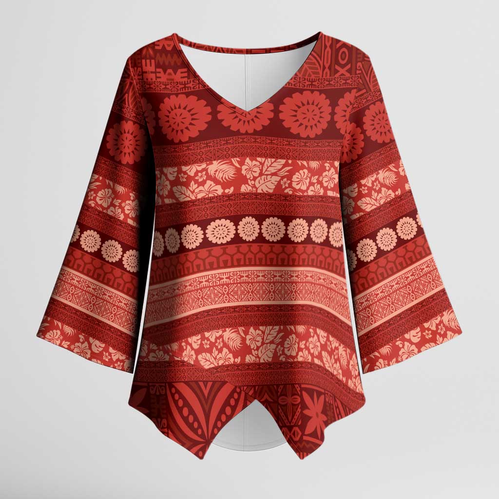 Fiji Marau na Kerisimasi Kimono Sleeve Blouse Red Tapa Masi Inspired Christmas - Polynesian Pride