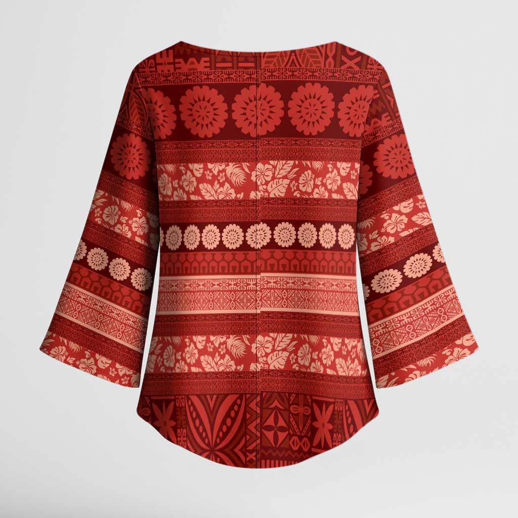 Fiji Marau na Kerisimasi Kimono Sleeve Blouse Red Tapa Masi Inspired Christmas - Polynesian Pride