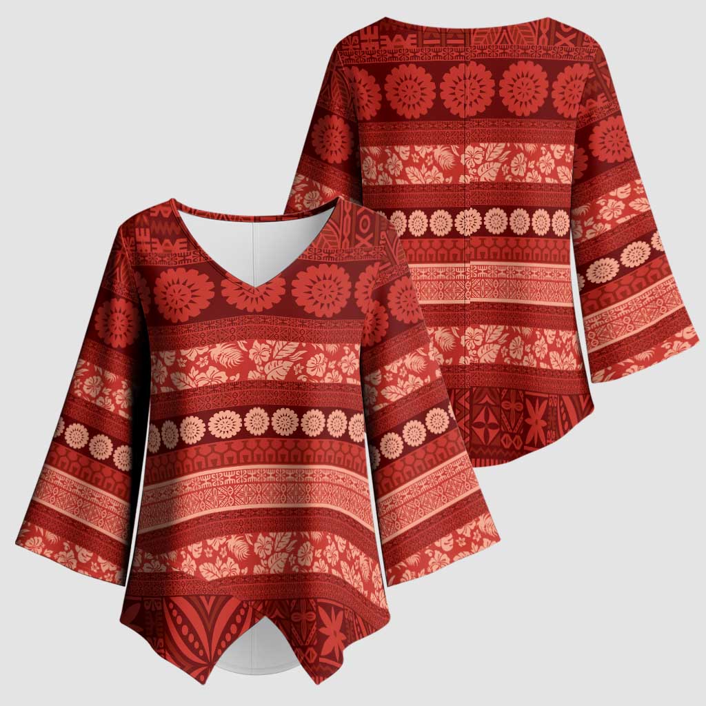 Fiji Marau na Kerisimasi Kimono Sleeve Blouse Red Tapa Masi Inspired Christmas - Polynesian Pride
