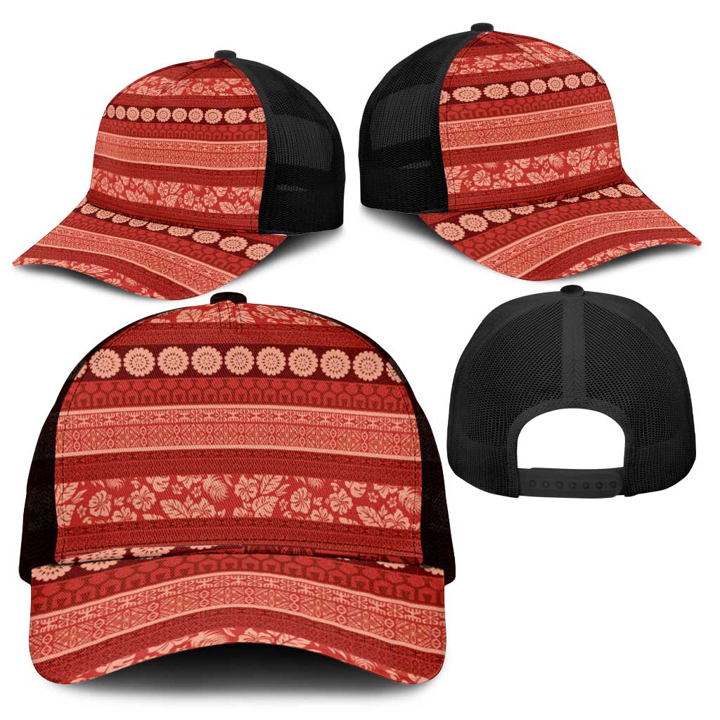 Fiji Marau na Kerisimasi Mesh Trucker Cap Red Tapa Masi Inspired Christmas - Polynesian Pride