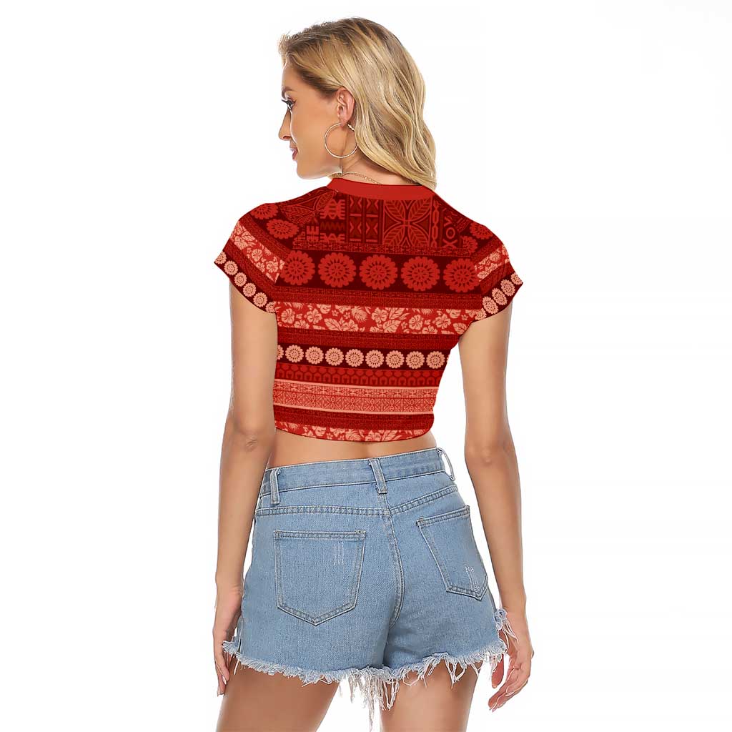Fiji Marau na Kerisimasi Raglan Cropped T Shirt Red Tapa Masi Inspired Christmas - Polynesian Pride