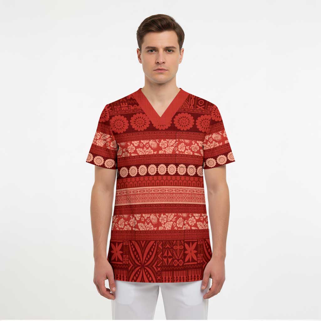 Fiji Marau na Kerisimasi Scrub Top Red Tapa Masi Inspired Christmas - Polynesian Pride